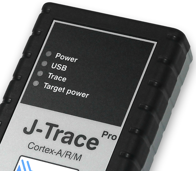 A black and silver J-Trace Pro device for Cortex-A/R/M processors is depicted. The device features labels for Power, USB, Trace, and Target power indicators on its front, indicating its functionality for debugging and programming applications.