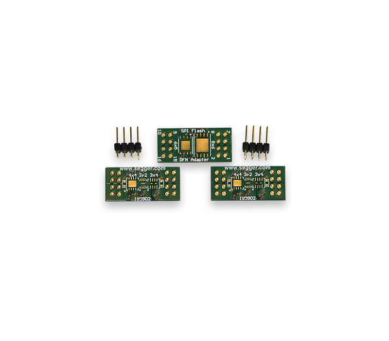 Image features three green circuit boards with gold contact pads, labeled for various functions, including one labeled "SPI Flash." Additionally, there are several connecting pins on the side. These are components typically used in electronics for circuit connections and programming.