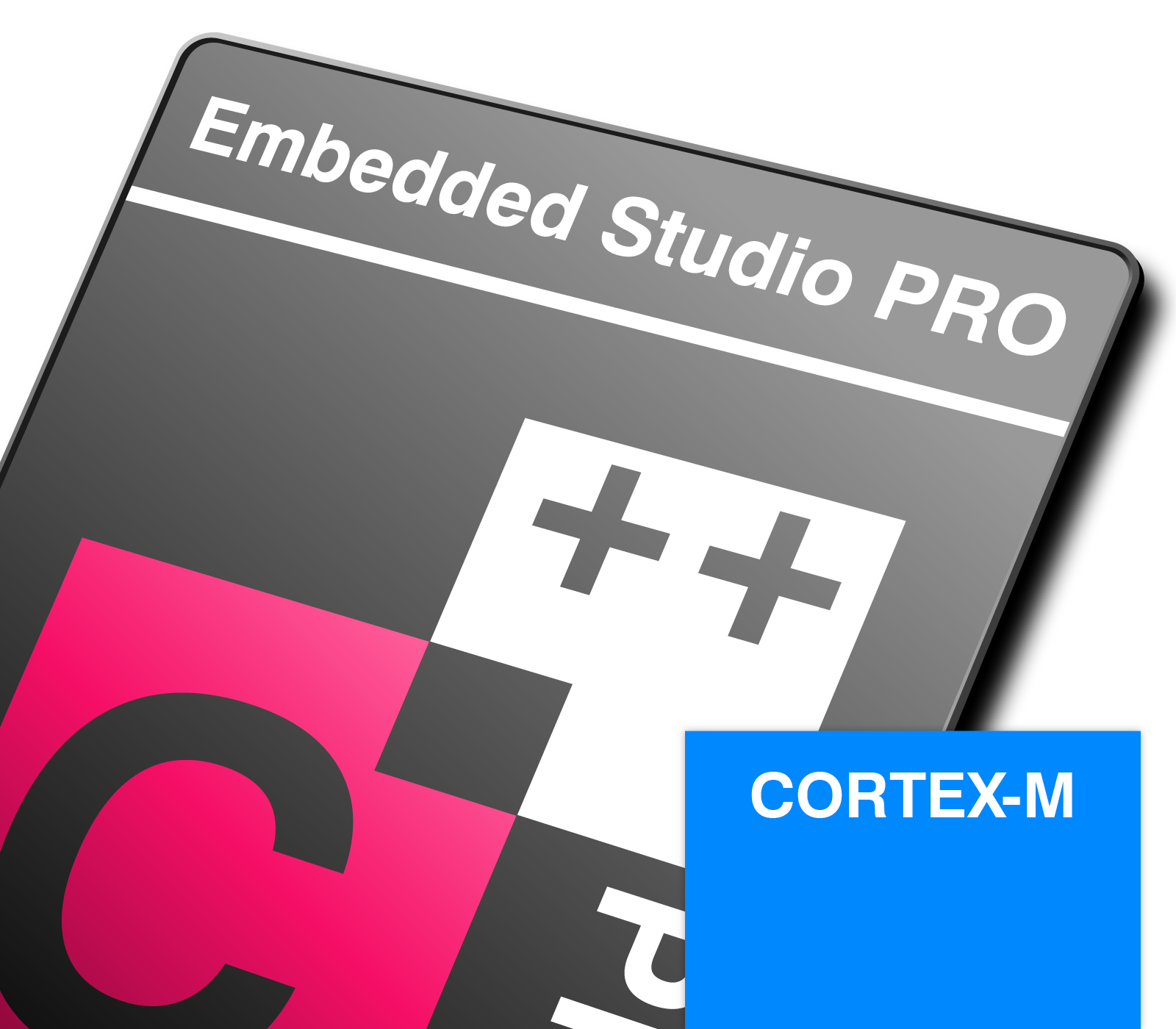 The image features a stylized logo for "Embedded Studio PRO" with the word "C++" prominently displayed. A blue box labeled "CORTEX-M" is also included, indicating a focus on development for the Cortex-M architecture.