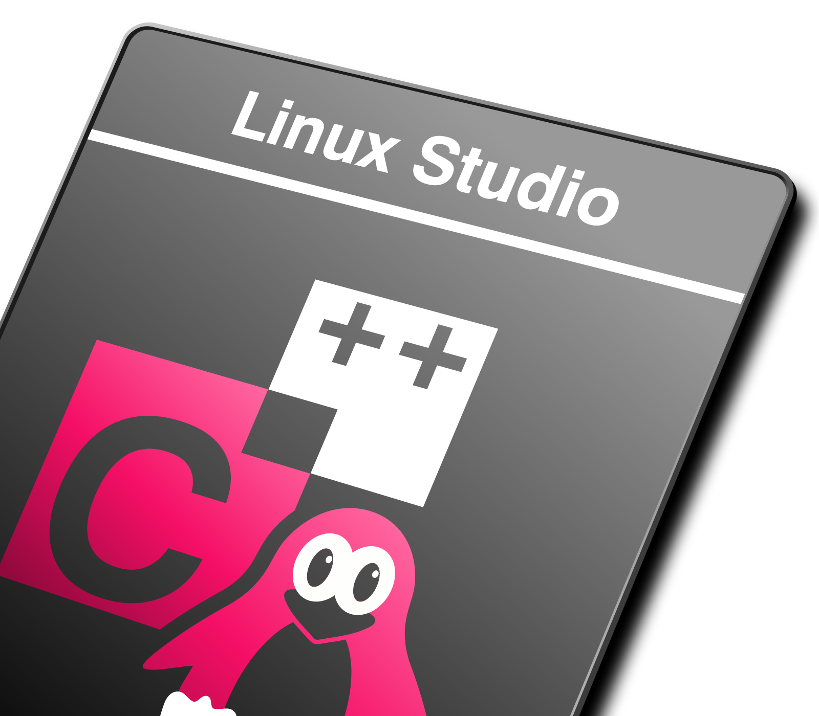 An image of a software box labeled "Linux Studio." The design features a pink "C" and two plus signs, alongside a cartoonish pink penguin character. The overall color scheme is black and gray, conveying a modern and technical theme associated with coding and development.
