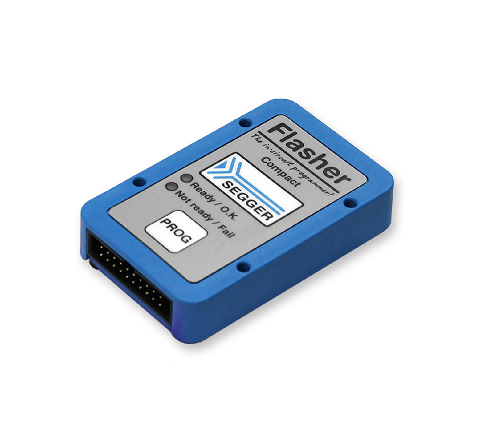 A compact blue device labeled "Flasher" with a SEGGER logo. It features indicators for readiness, showing "Ready / O.K." and "Not ready / Fail," along with a "PROG" button. The device is designed for programming and flashing embedded systems.