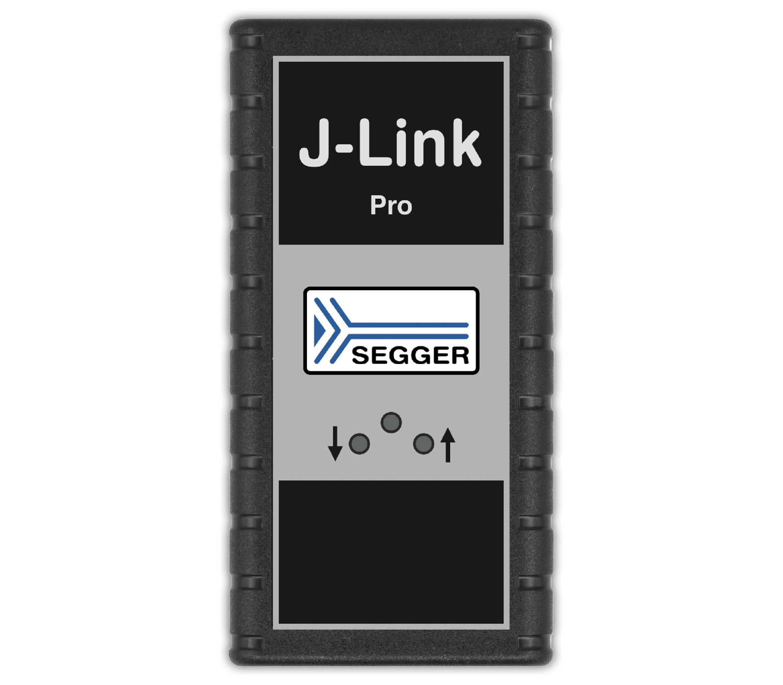 Image of a J-Link Pro device, a debugging tool for embedded systems. The device features a prominent logo and various function buttons arranged in a vertical layout. Its casing is primarily black with a gray panel displaying branding and control indicators.
