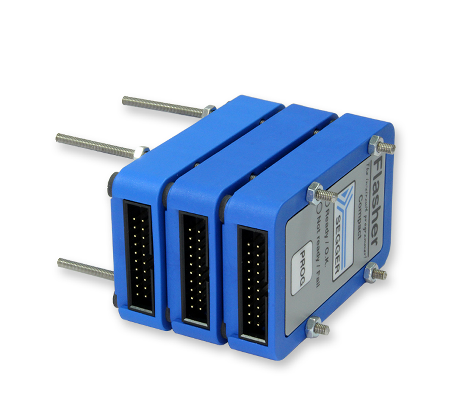 Three compact blue electronic devices, stacked together, featuring multiple pin connectors on their sides. Each device bears a label with the word "Flasher" and operational status indicators. They are secured with screws and designed for programming or debugging hardware.