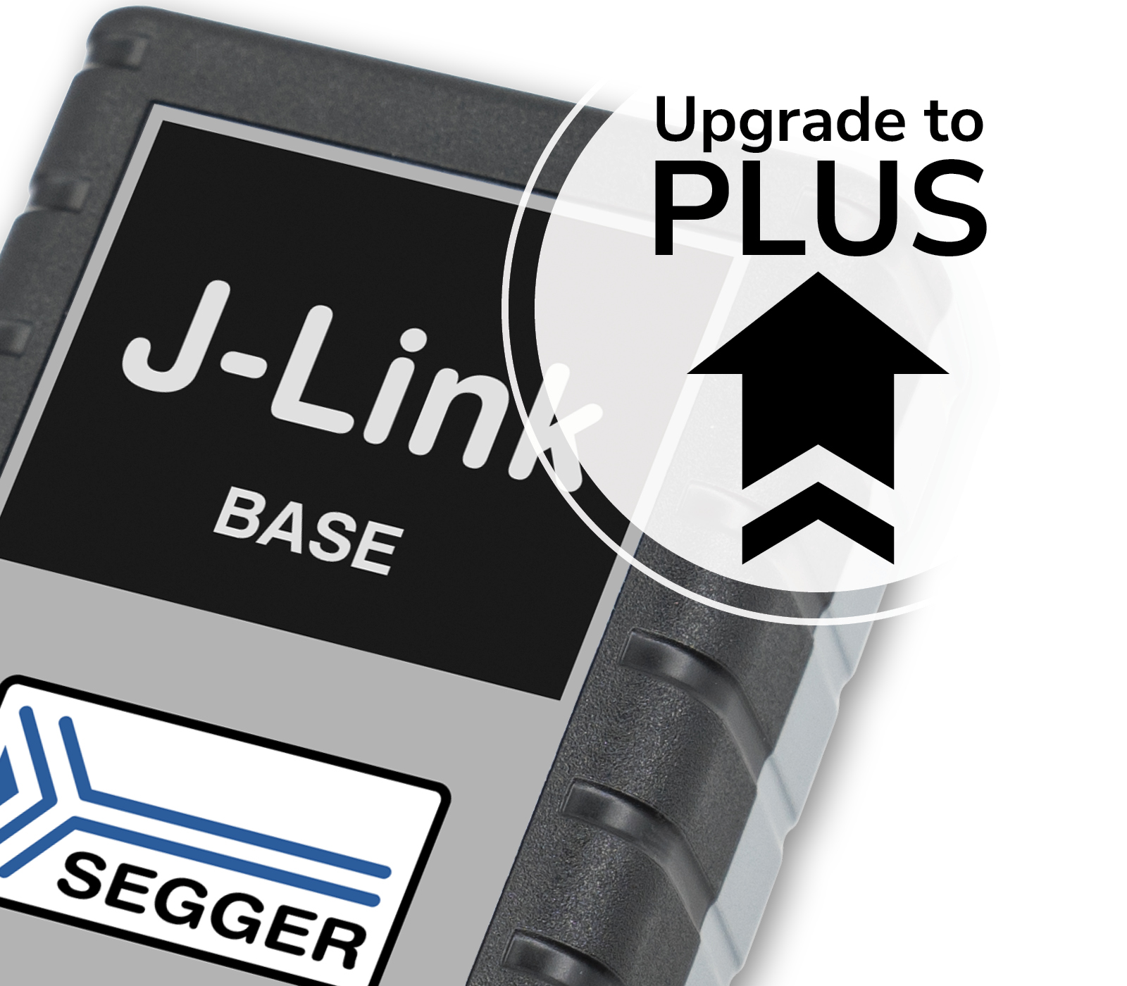 A close-up of a J-Link BASE device with a logo and the text "Upgrade to PLUS" beside an upward arrow. The design emphasizes upgrading options for the product.