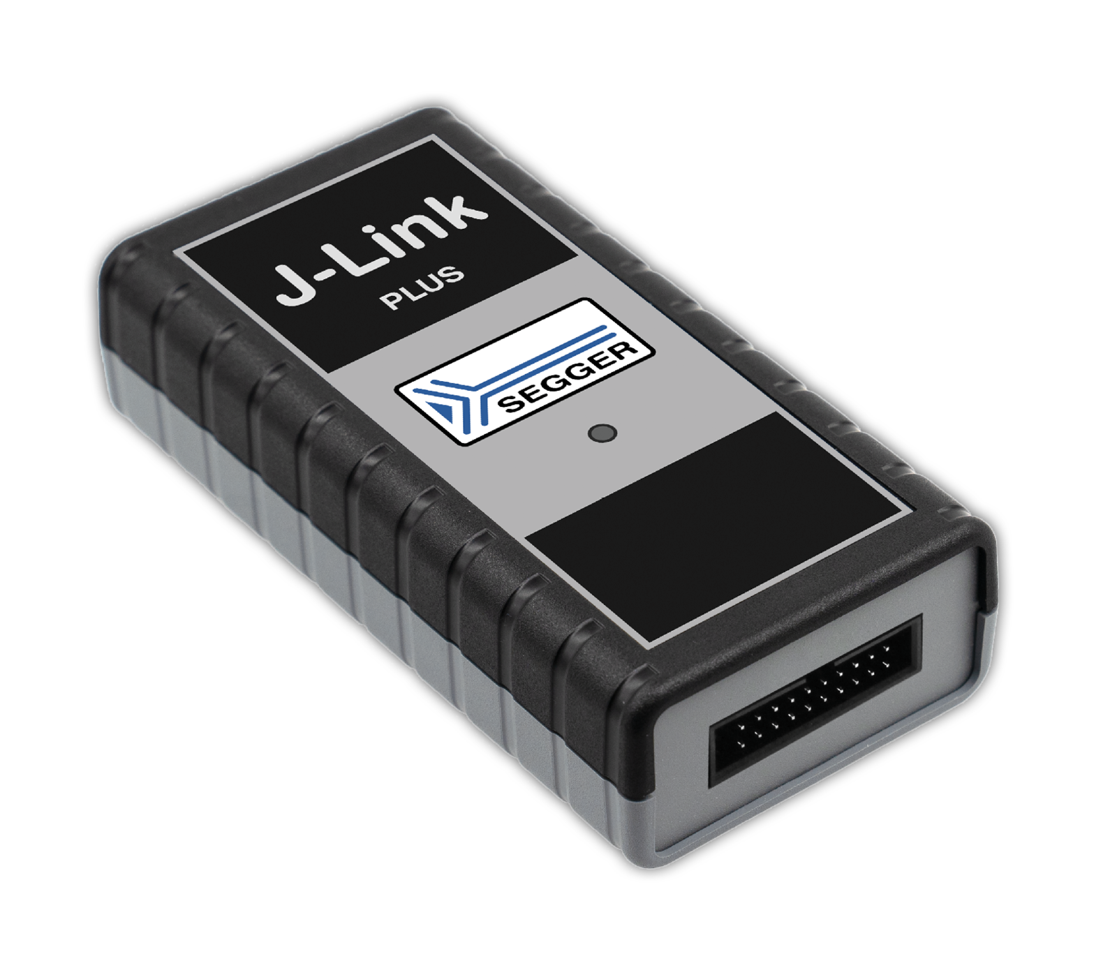 The image shows a J-Link Plus debug probe, a rectangular device with a black and gray casing. It features the logo of SEGGER and various connections. The device is used for programming and debugging embedded systems.