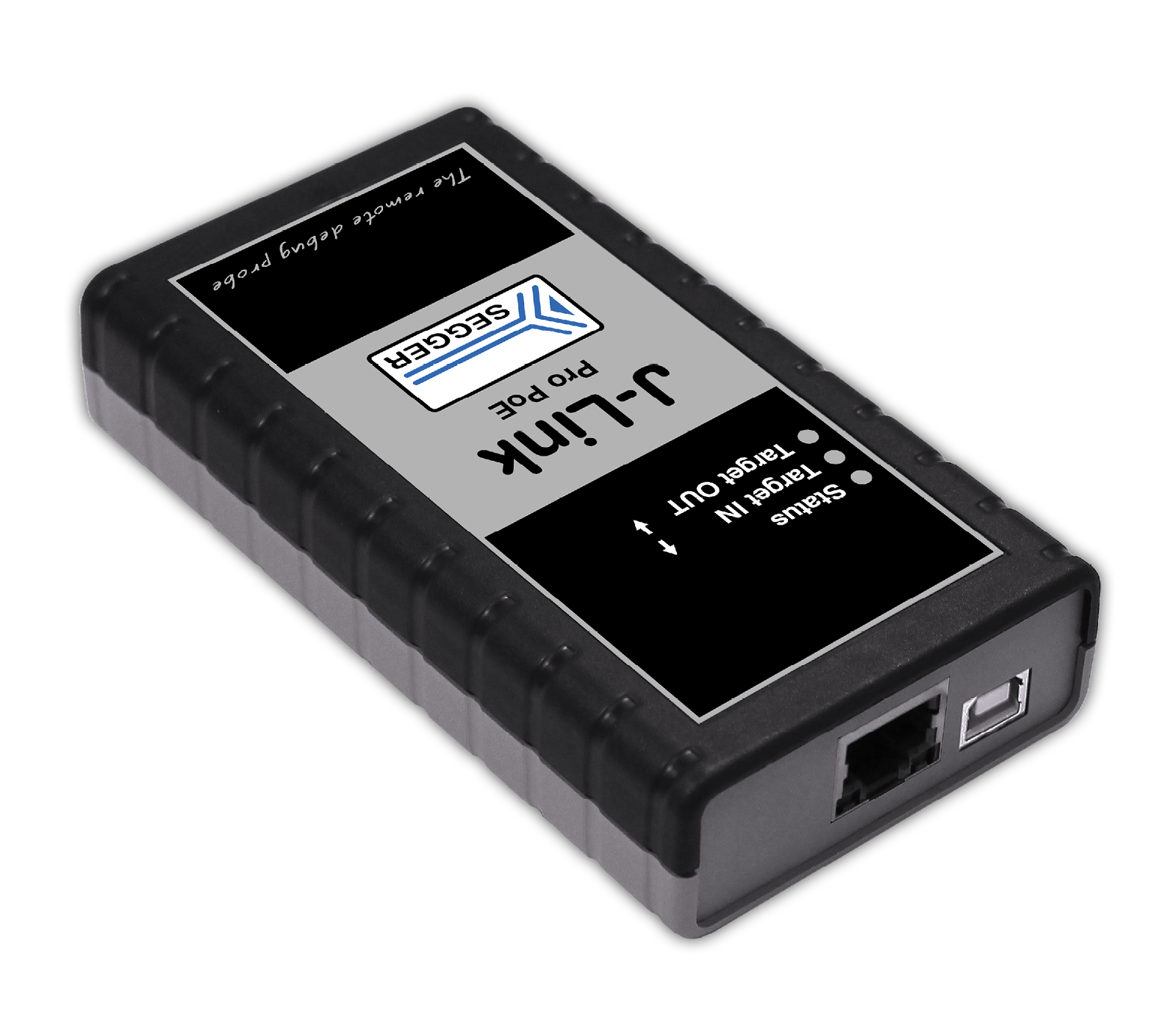 A black and gray network device labeled "J-Link Pro Pod" on the top, featuring ports for input and output connections. The device has indicator lights for "Status," "Target In," and "Target Out," and is designed for programming and debugging electronic devices.