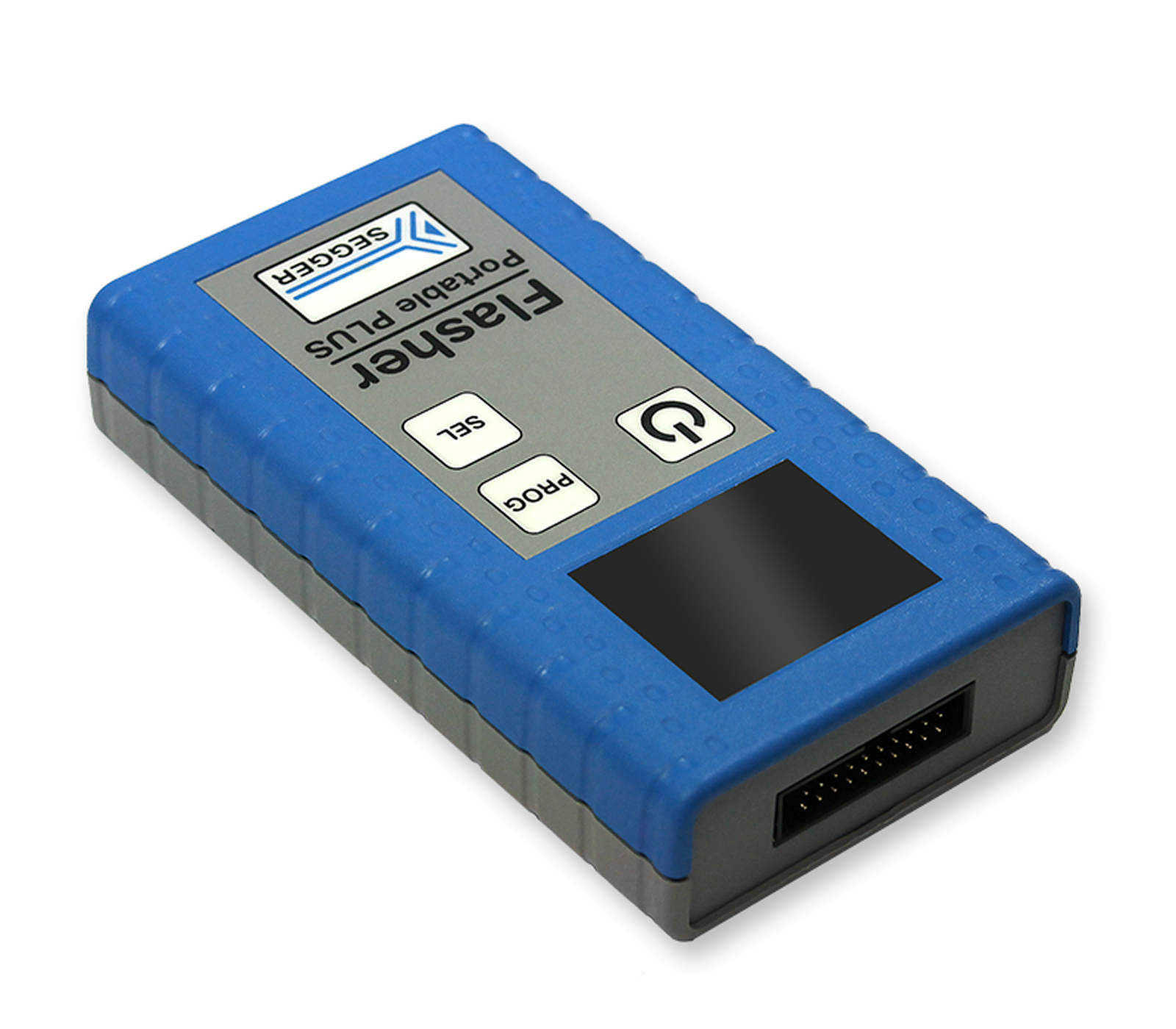 A small, rectangular device with a blue and gray casing, labeled "FlashTester Portable Plus." The device features several buttons, including "SEL," "PROG," and a power symbol, and has a black screen area. It is designed for testing electronic components.