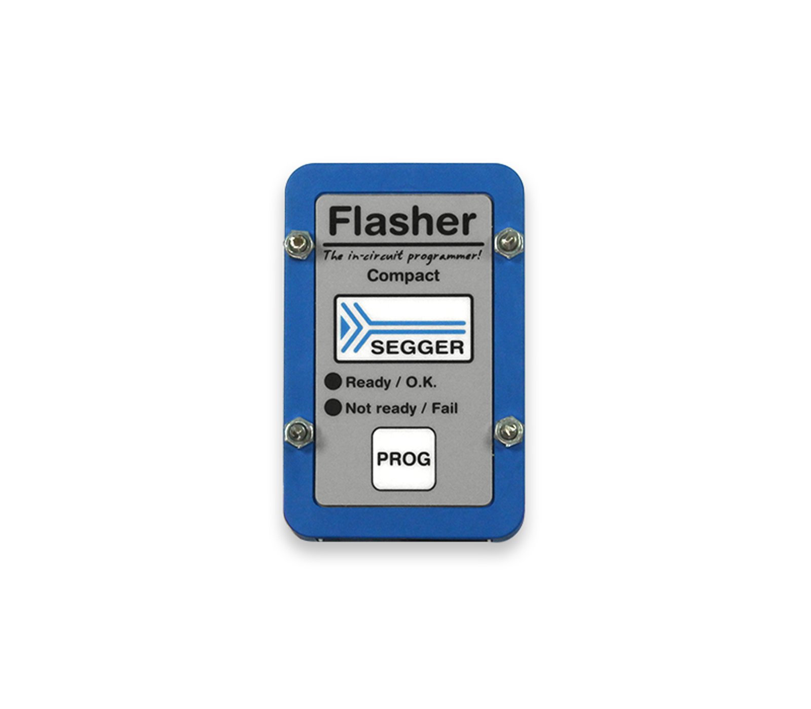 Image features a compact SEGGER in-circuit programmer labeled "Flasher." It includes status indicators for "Ready / O.K." and "Not ready / Fail," along with a "PROG" button. The device has a rectangular shape with a blue border and a gray center.