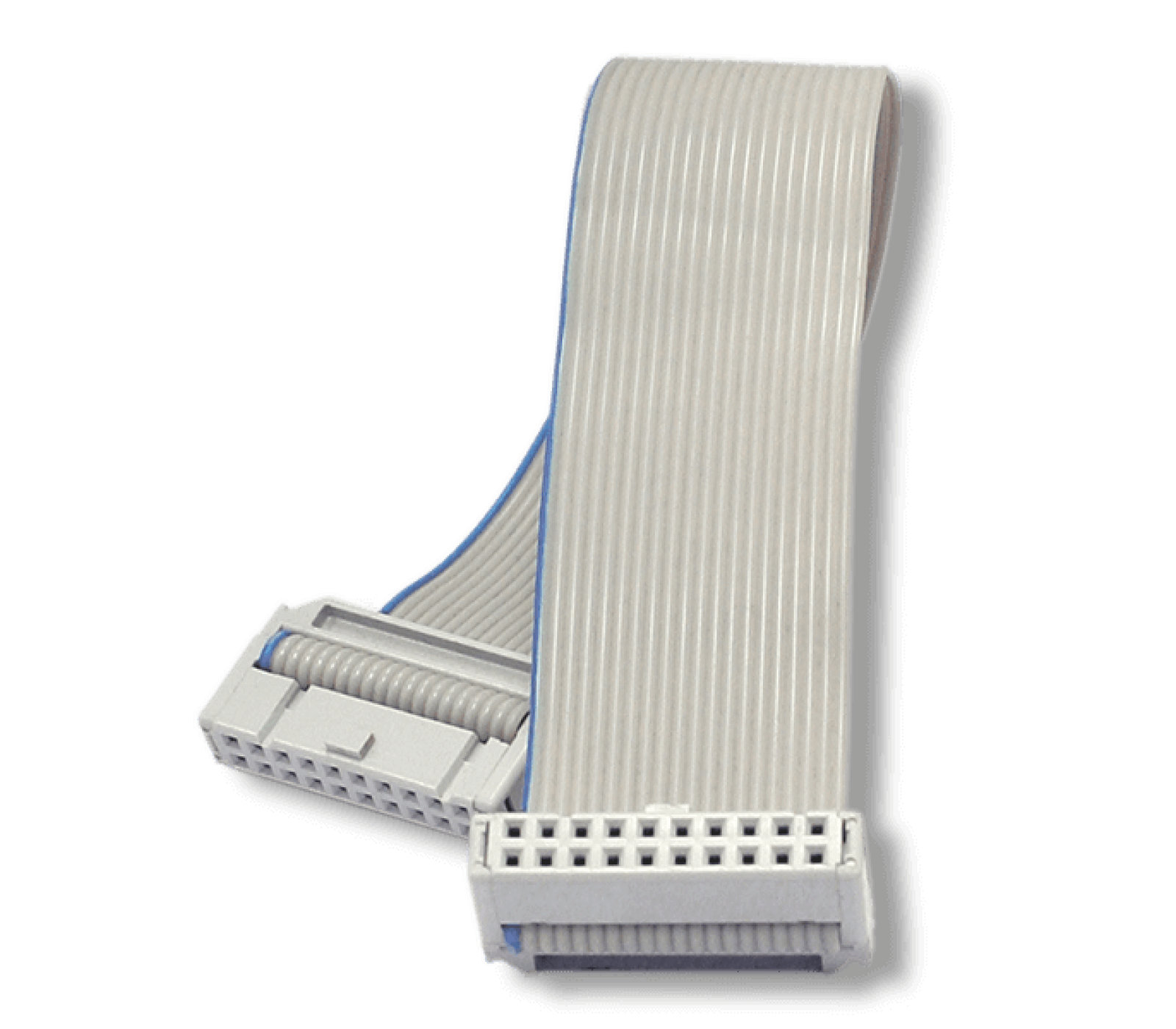 A flat, flexible ribbon cable featuring multiple parallel wires, with connectors at each end. The cable is primarily gray with a blue stripe. It is commonly used to connect components in electronics, like computers and other devices.