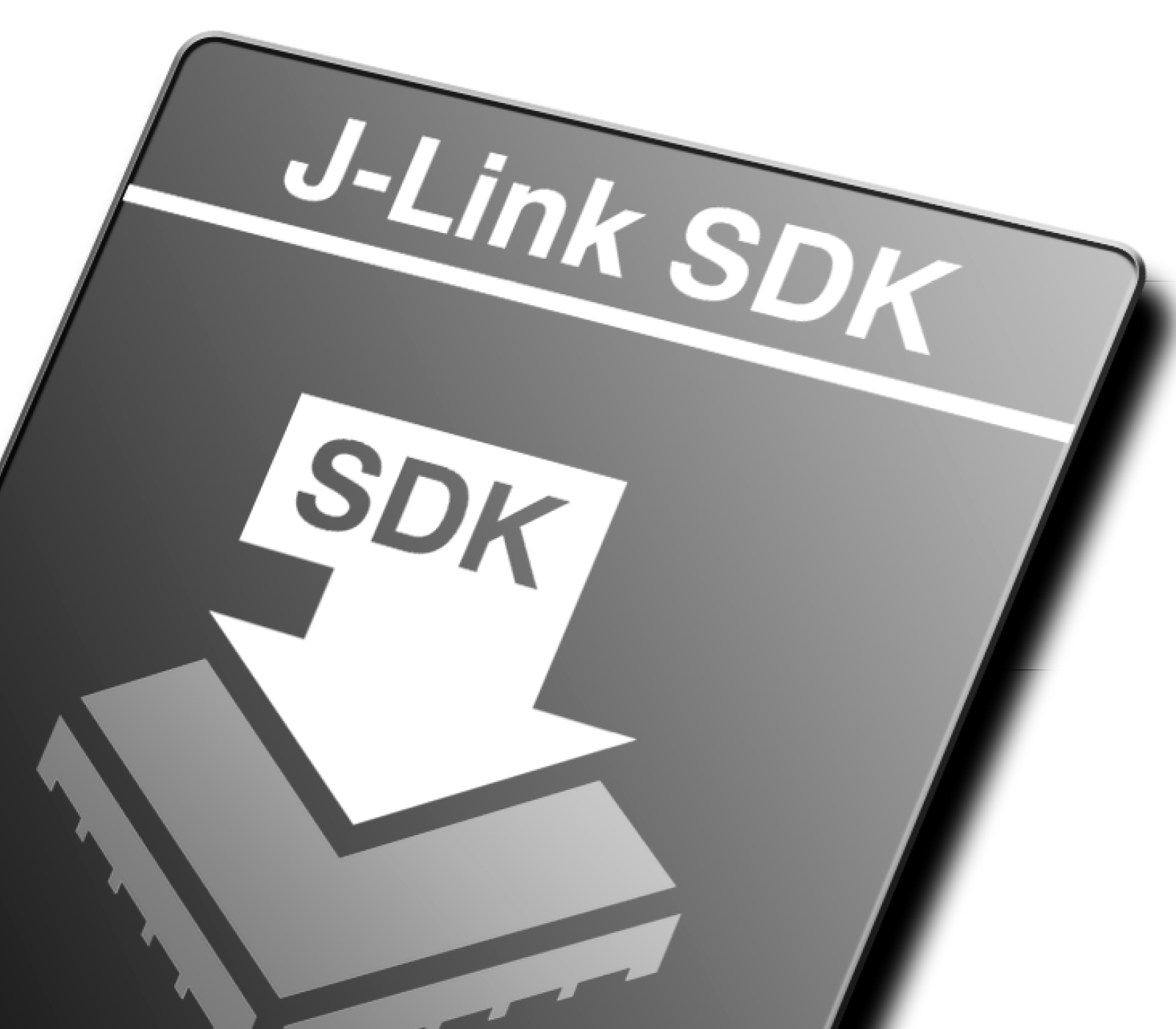 The image features a graphic representing "J-Link SDK" with a downward arrow pointing to the text "SDK" on a circuit board illustration. The design emphasizes software development related to J-Link technology.